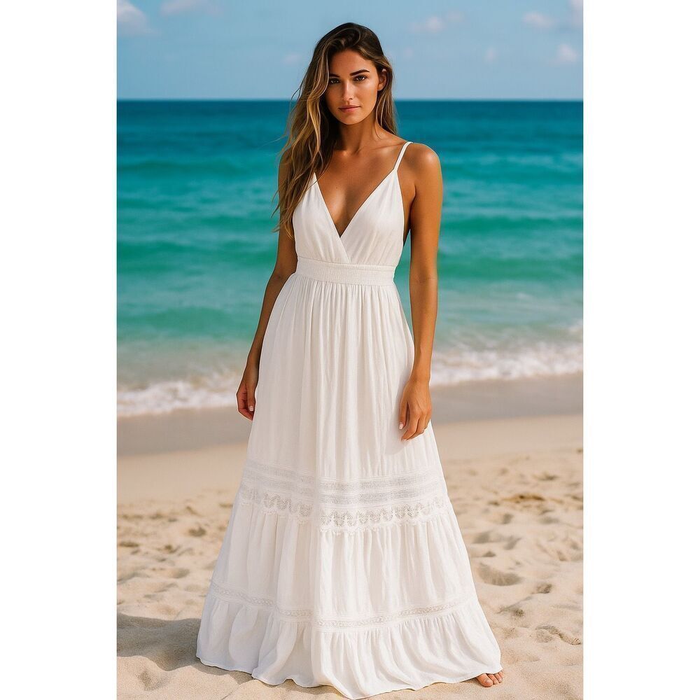 White Boho Maxi Dress Lace Trim Smocked Waist Beachy Size Small NWT